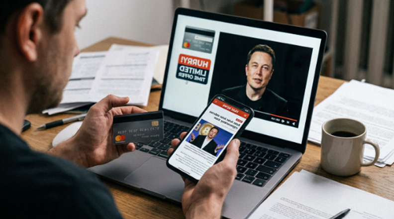 Fake celebrity endorsement ad shown on a screen
